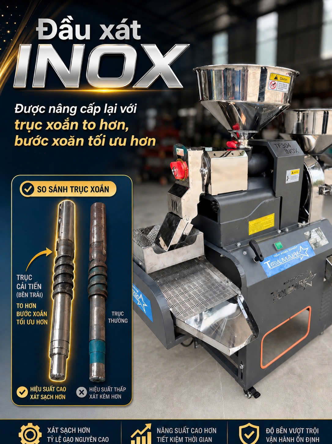 Đầu xát inox với trục xoắn thế hệ mới – trục to hơn, bước xoắn tối ưu so với trục thường