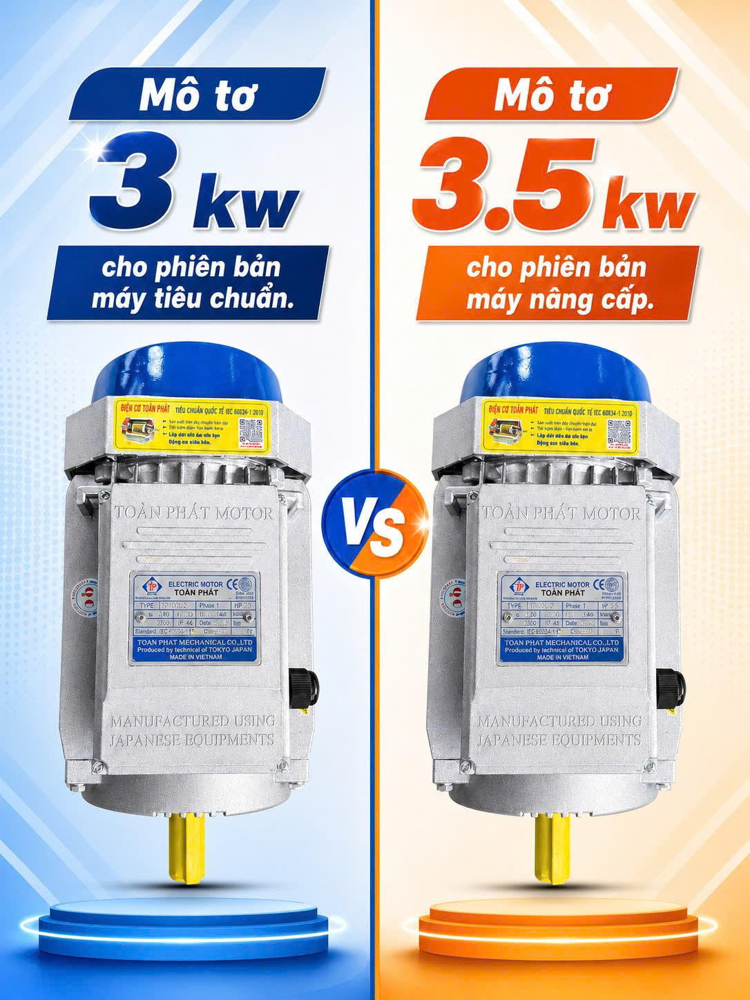 So sánh mô tơ 3kW (bản tiêu chuẩn) và 3.5kW (bản nâng cấp) – dây đồng 100%, 220V