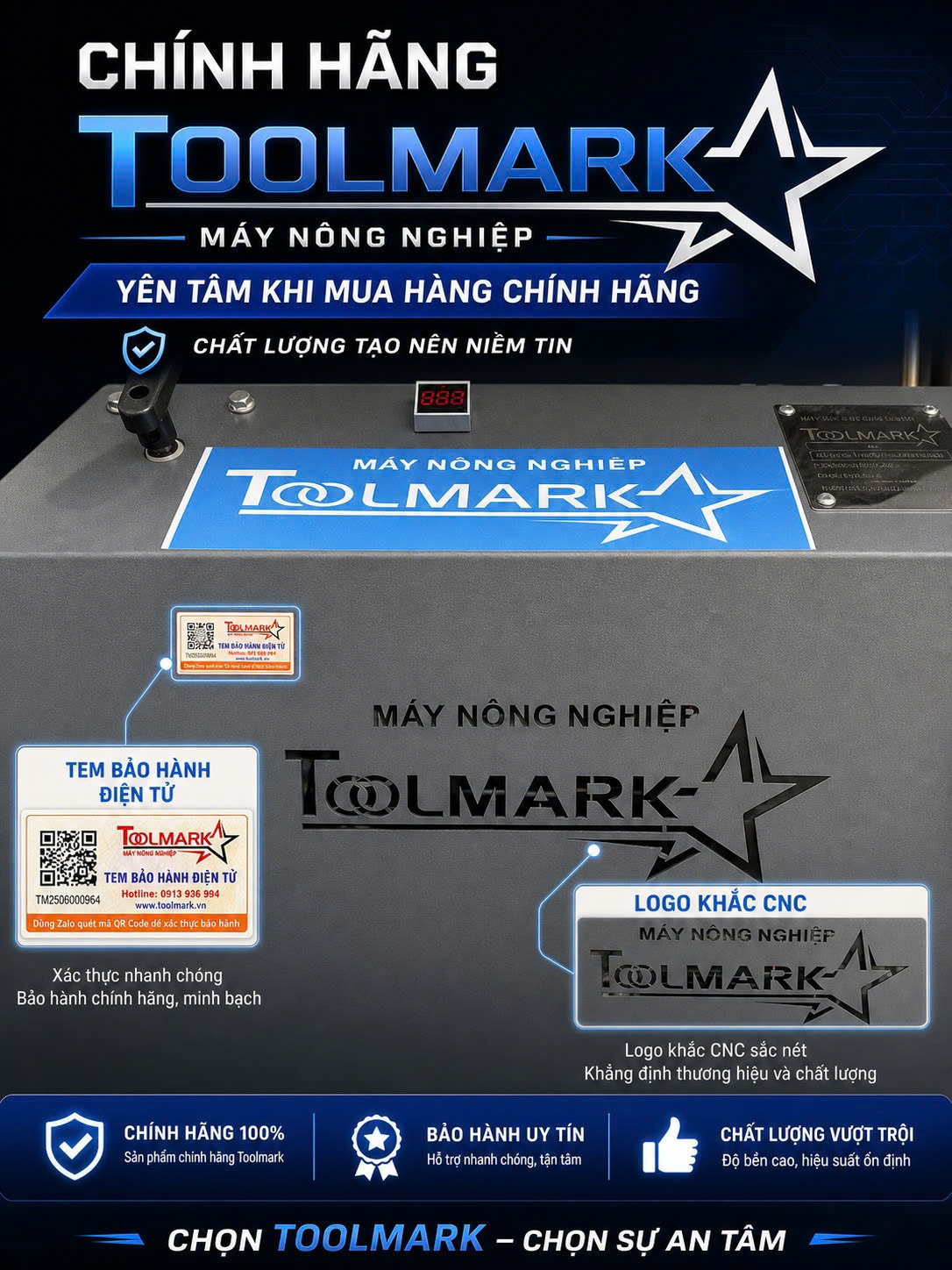 Tem bảo hành điện tử quét QR và logo Toolmark khắc CNC trên thân máy – dấu hiệu nhận biết hàng chính hãng
